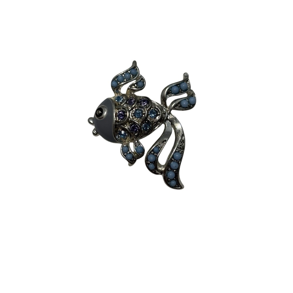 Vintage Silver Tone Blue Purple Enamel Rhinestone Bead Marine Fish Brooch Pin